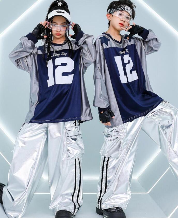 子供ヒップホップダンス衣装　男女兼用 光沢ありpuパンツ+長袖パーカー　切り替え　シルバーパンツ ガーコパンツ 春秋冬ジャズダンスウェア　ゆったり女の子男の子hiphopジャズダンスウェア　キッズ舞台演出服　ステージダンスウェア 110-180cm