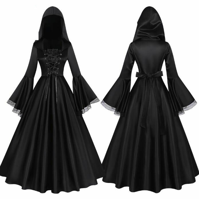 レディースワンピース　帽子付きワンピース レース付き 長袖 欧米風　魔女コスプレ ロング丈 ステージ..