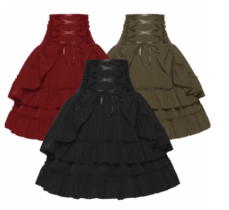 レディースショート丈スカート膝丈 ハイウエスト Aライン ティアード スカート ハロウィン ステージ衣装 欧米 中世期 レトロ スカート 舞台 ダンス コスプレ衣装 仮装 衣装 大人スカート裾にフリル重ね Aラインスカート S M L XL 2XL 演劇 芝居 ミュージカル 演出 衣装