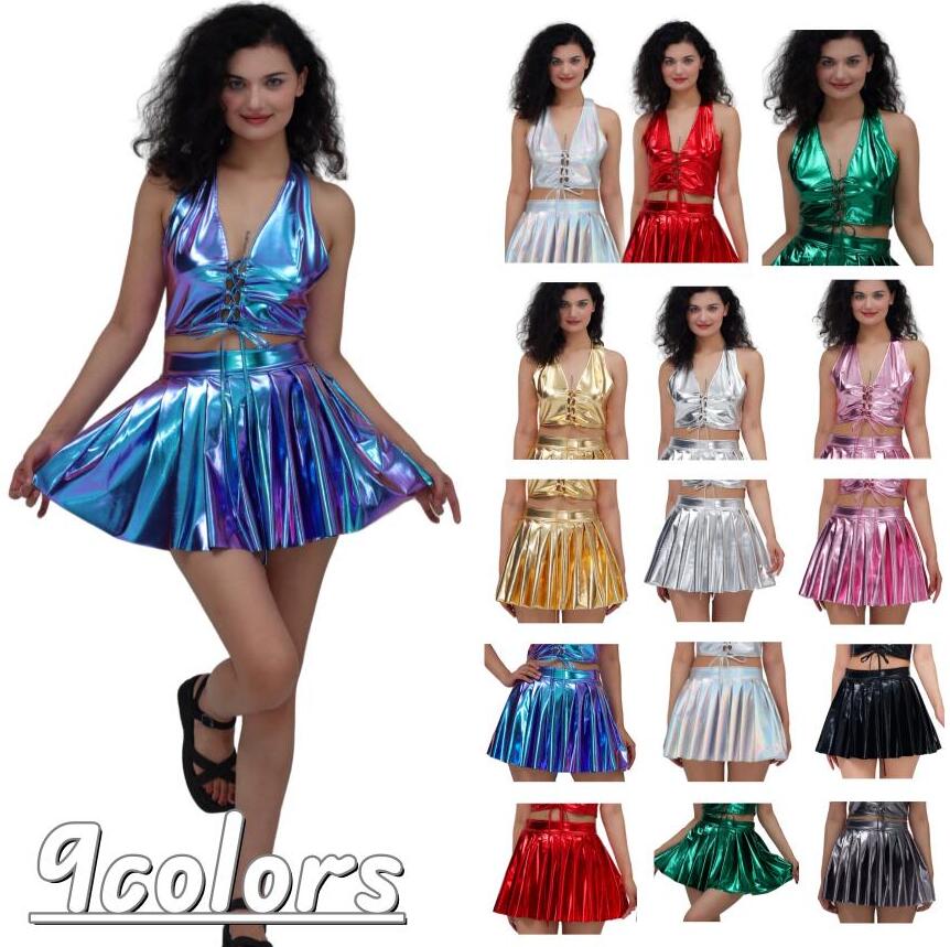 レディースダンス衣装 セクシーベスト トップス プリーツスカート 光沢あり 9色 首掛け Vネック レースアップ PU ジャズヒップホップ舞台ダンス衣装ステージダンス ヒップホップ DS チア ダンス 夜店 ダンス DJ 余興 スクラブ 演出 ジャズ ゴーゴーダンス衣装キラキラ