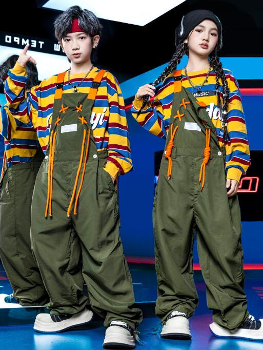キッズダンス衣装 サロペットパンツ ロング丈 オールインワン ボーダー柄シャツ キッズ ダンス衣装 カーゴパンツ ジャズダンス衣装ヒップホップ 女の子 hiphop k-pop長袖トップス ジャズ ロング丈 ダンス 衣装 110-180発表会 演出服 団体服 練習着 応援団 原宿