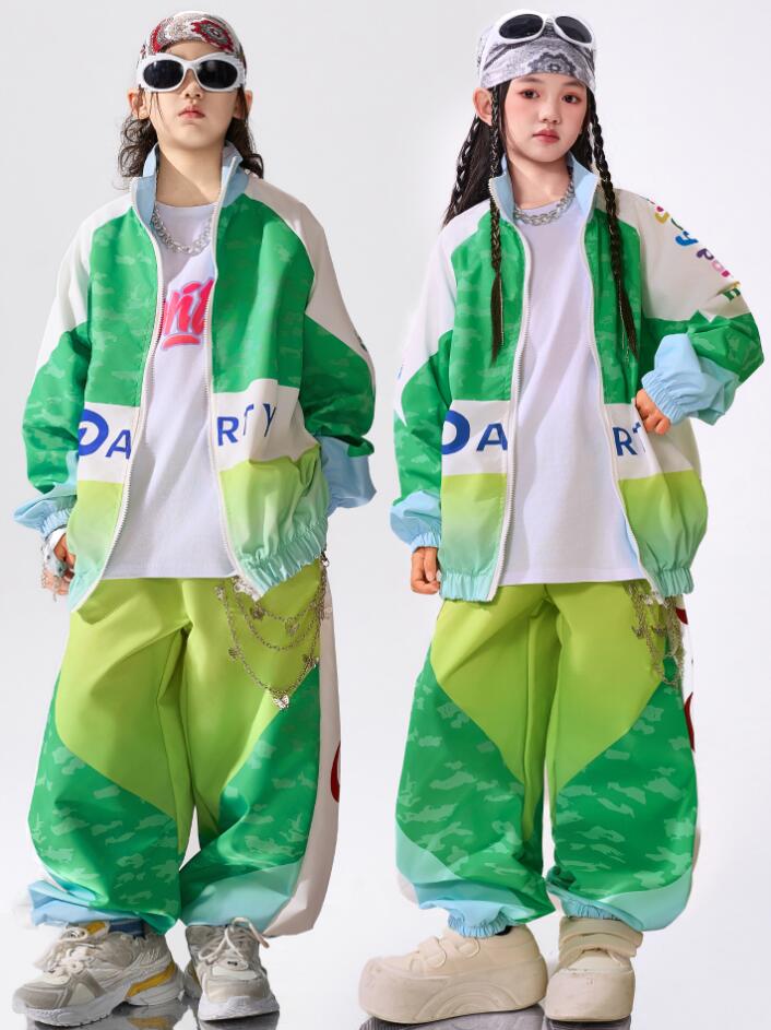 キッズダンス衣装 上下セットアップ 緑 コート スウェット ダボ感 スポーツウェア 子供 運動服チア 長袖 韓国 k-pop コーデ 可愛い 子供ダンス衣装キッ...