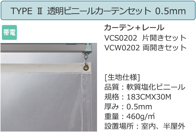 透明 ビニールカーテン+レール TYPE2 両開きセット VCW0202 0.5mm 帯電 幅400×高さ200cm迄 [2]
