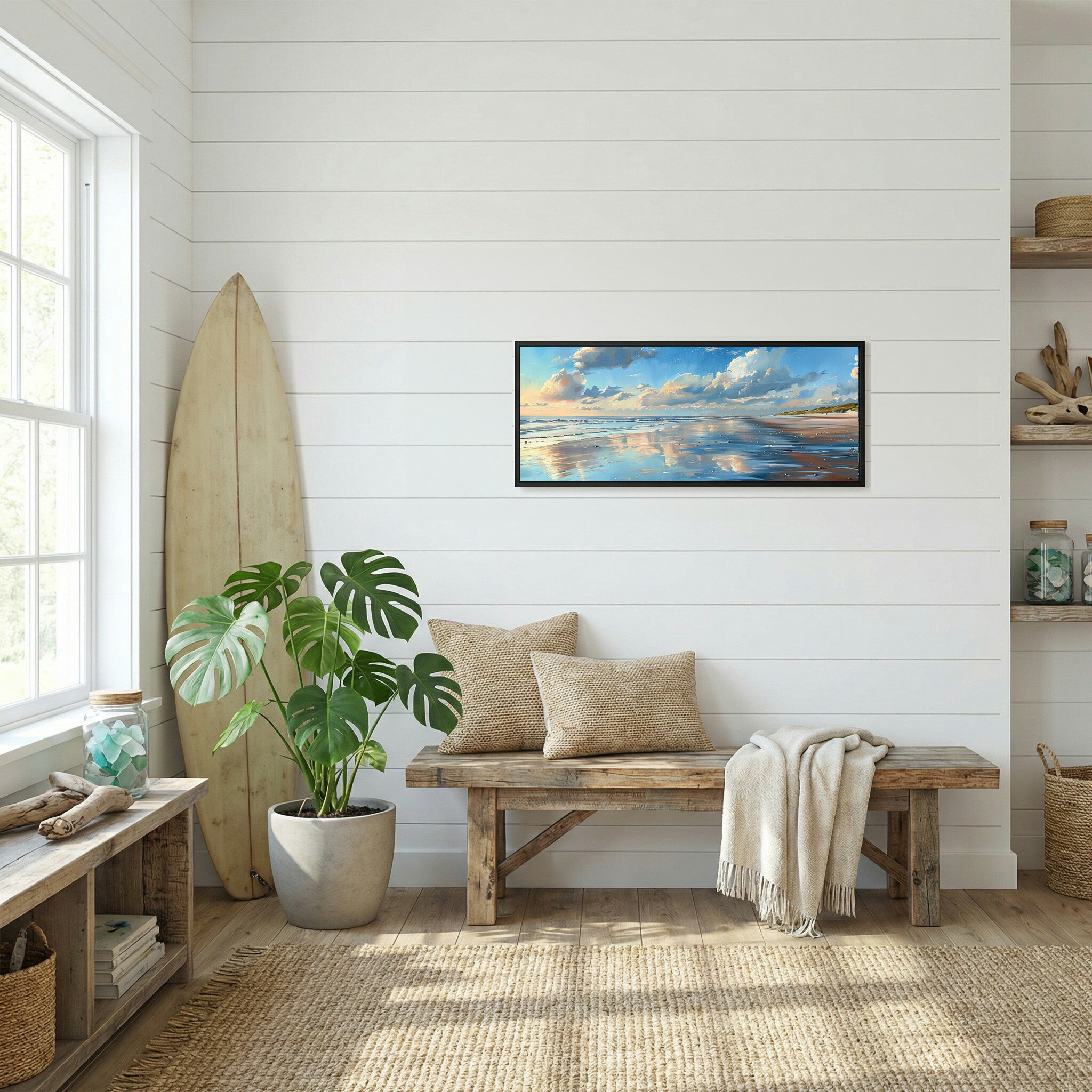 海 サーフ 西海岸 風景画 絵画 コースタル 波 ブルー サーフ 景色 風景 自然パノラマポスター (297mm×840mm) フレーム 横長 額縁 インテリア アルミフレーム 絵画 作品 水平 アート 【pn-poster-607】 2
