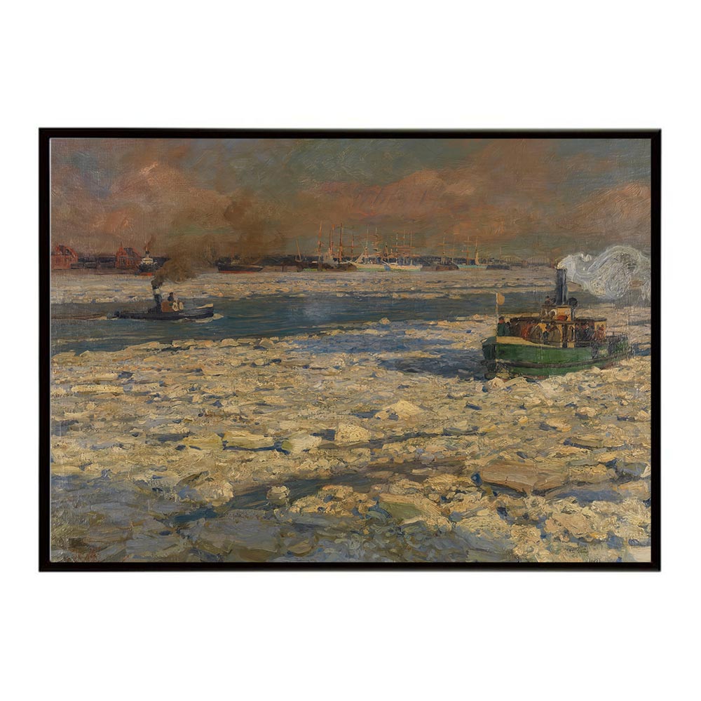 ポスター 名画 絵画 横 a0 a1 a2 a3 a4 b0 b2 b1 b3 b4 エルベ川の氷上の緑のフェリーボート 冬の太陽 インテリア おしゃれ 冬景色 デジタルリマスター【bn-poster-5910】