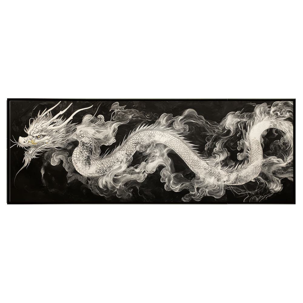 龍神 ドラゴン 辰 開運 金運 縁起物 絵画 パノラマポスター 墨絵 ゴールド (297mm×840mm) フレーム 横長 額縁 インテリア おしゃれ アルミフレーム 絵画 作品 水平 アート 美術品 掛け軸 【pn-poster-20】