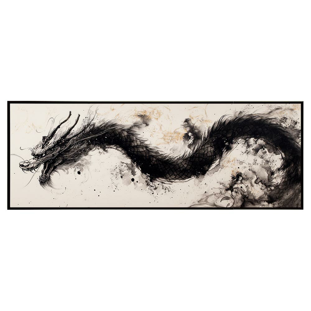 Rakuten - 龍神 ドラゴン 辰 開運 金運 縁起物 絵画 パノラマポスター 墨絵 ゴールド (297mm×840mm) フレーム 横長 額縁 インテリア おしゃれ アルミフレーム 絵画 作品 水平 アート 美術品 掛け軸 【pn-poster-28】
