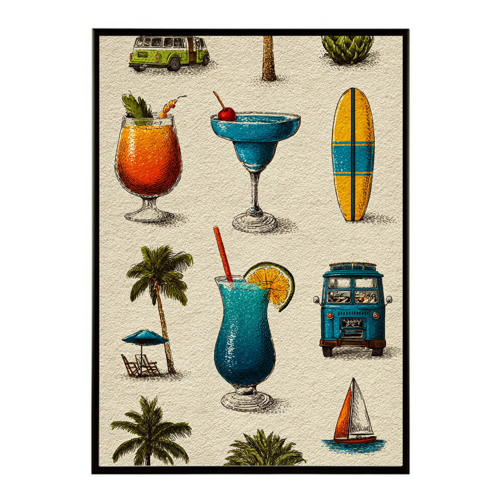 ヴィンテージ ポスター サーフ カクテルグラス おしゃれ アートプリント インテリア 壁掛け バー風 カフェ リビング 寝室 モダン インテリア おしゃれ プリントポスター フォト 特大 大きい【lm-poster-978】