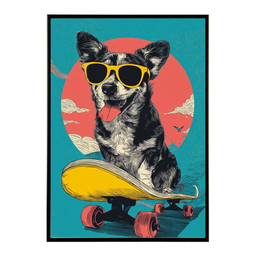 カラフルスケボードッグ イラスト アニメ 動物 スポーツ レトロ ビンテージ 犬 ポスター インテリア おしゃれ プリントポスター フォト イラスト お洒落 特大 大きい【lm-poster-1908】