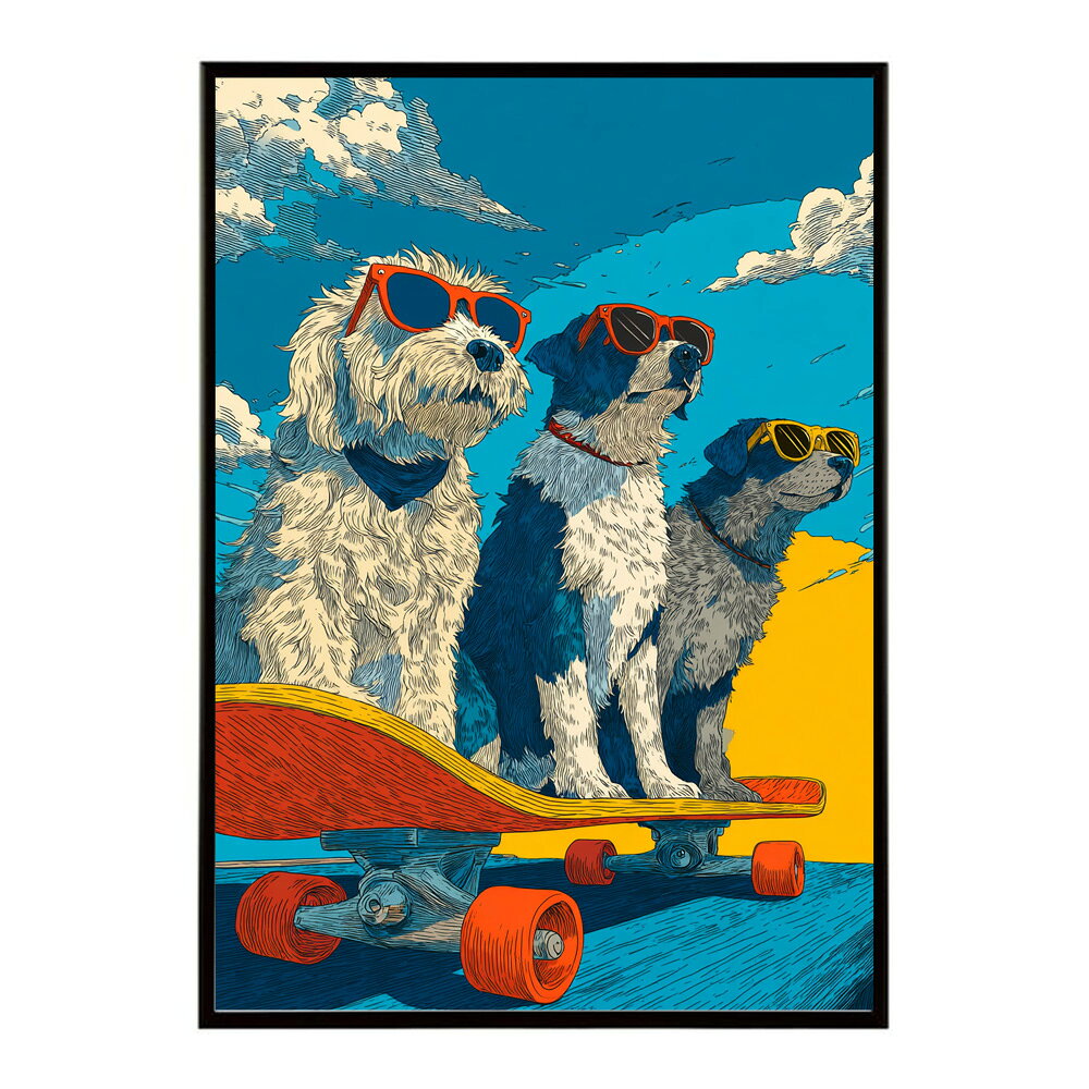 カラフルスケボードッグ イラスト アニメ 動物 スポーツ レトロ ビンテージ 犬 ポスター インテリア おしゃれ プリントポスター フォト イラスト お洒落 特大 大きい【lm-poster-1976】