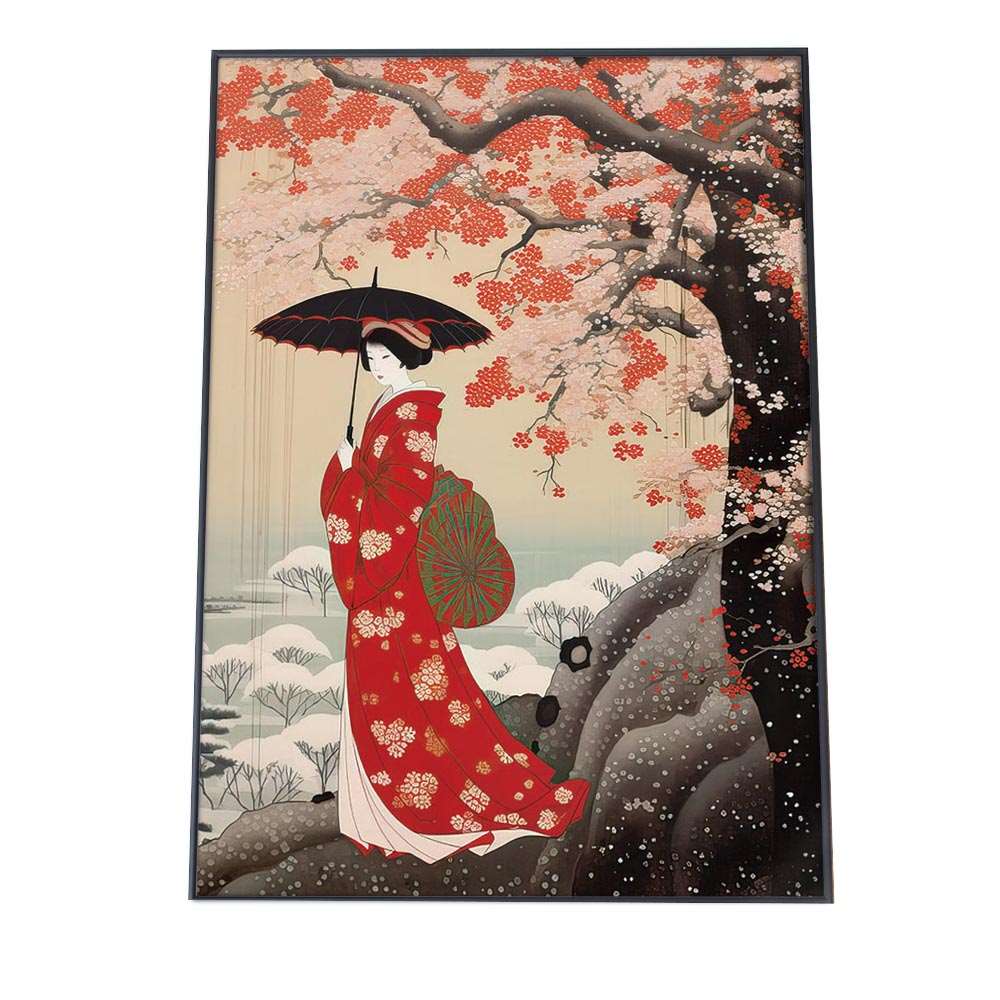 令和の浮世絵 版画風 ポスター 【用紙×サイズ×デザイン】 旅館 モダン インテリア 和風 日本古来 花魁 女性 着物 赤 北斎 川瀬巴水 紙【lh-poster-818】