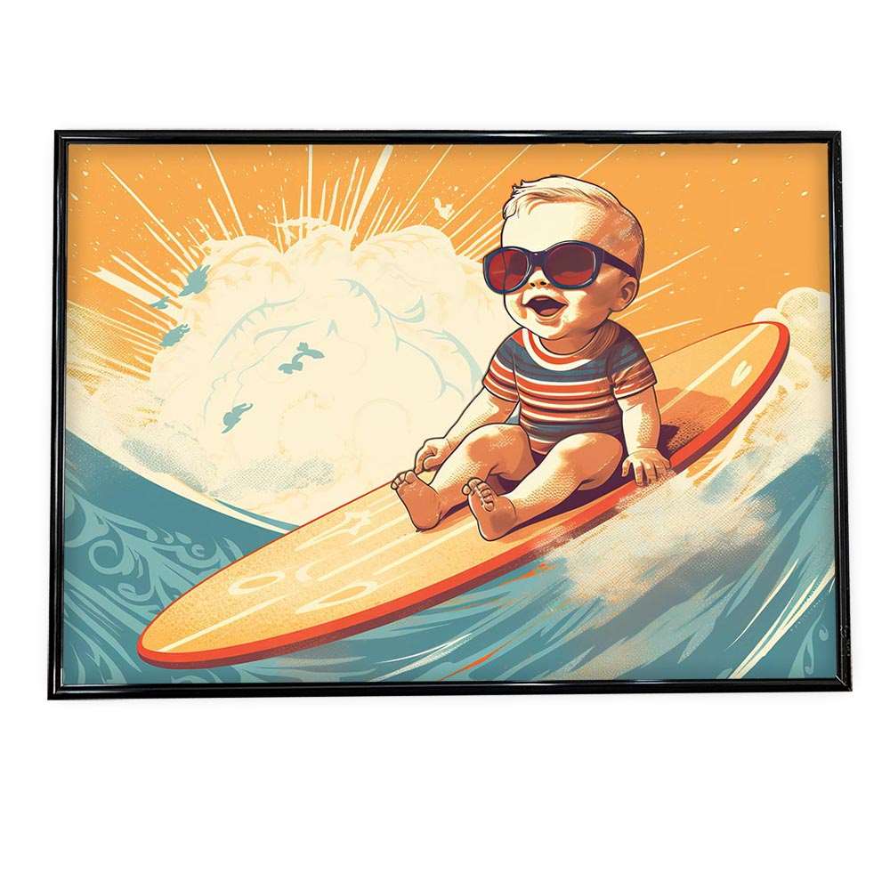赤ちゃん かわいい サーフィン ポスターイラスト アニマル 夏 海 【選べる全サイズ＆用紙】おしゃれ ファッション ポスター アート 絵 画 a0 a1 a2 a3 a4 b0 b1 b2 b3 b4 横【si-poster-204】