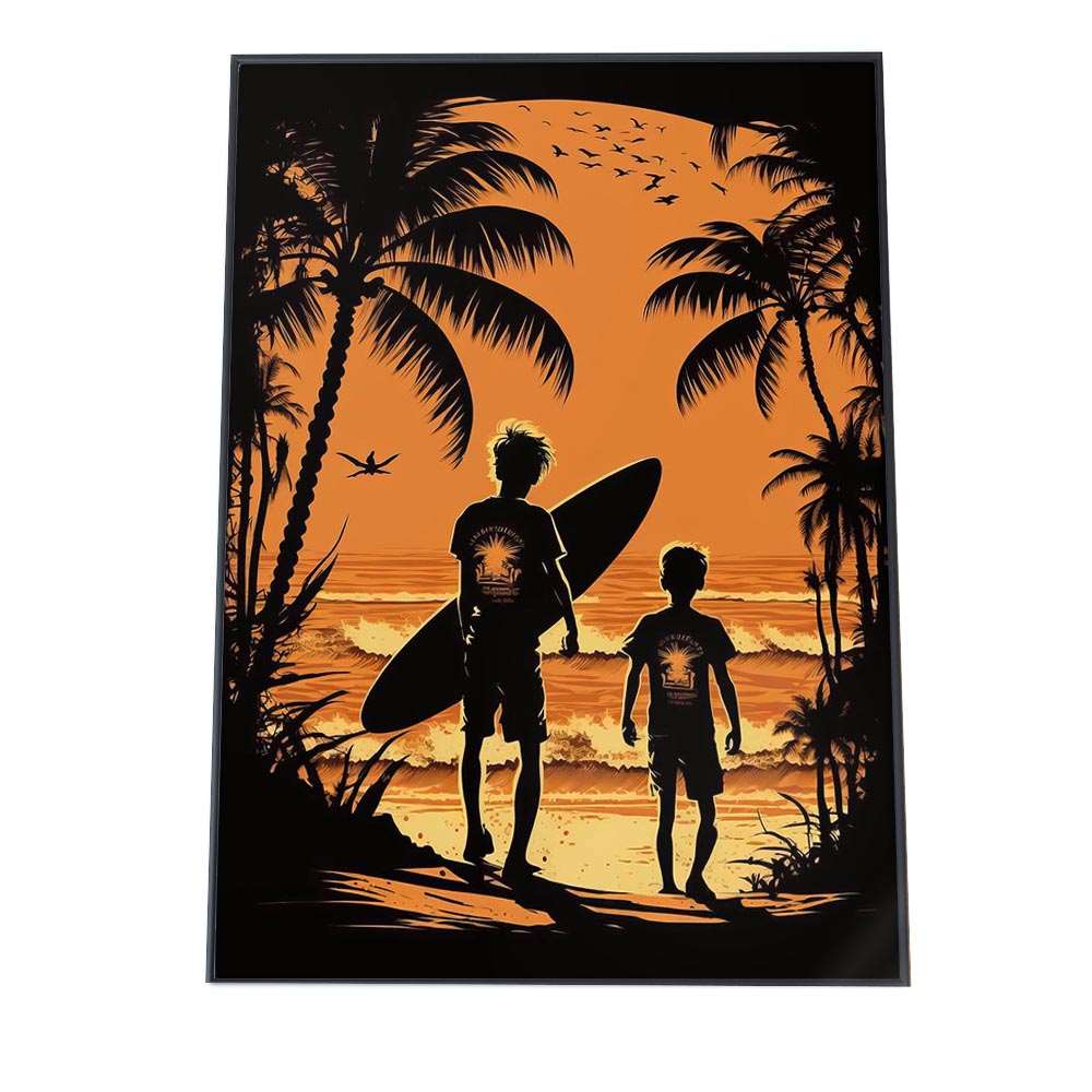 サーファー ポスター サーフ ハワイアン レトロ ヴィンテージ トロピカル 南国 ガールズ 女性 シルエット サーフボード おしゃれ フォト 縦【si-poster-79】
