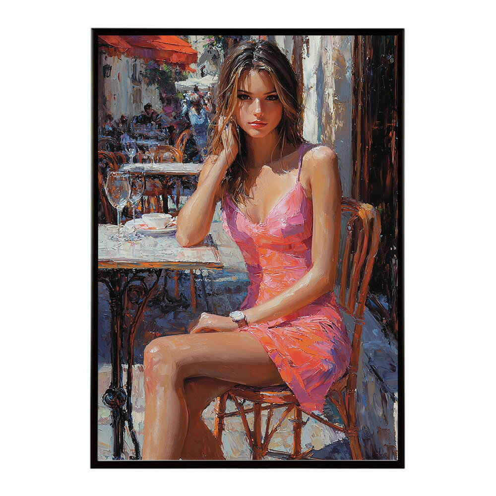 カフェに沈む午後 美女 絵画 画 油絵 ハンドメイド タッチ 手書き イラスト 街角 ...
