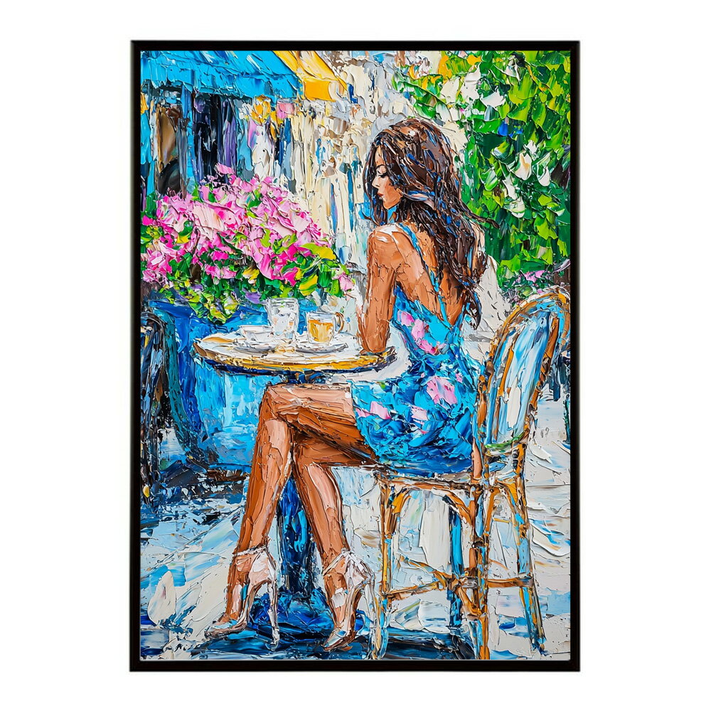 カフェに沈む午後 美女 絵画 画 油絵 ハンドメイド タッチ 手書き イラスト 街角 風景 カフェ ポスター 用紙とサイズが選べる インテリア おしゃれ プリントポスター フォト イラスト お洒落 特大 大きい【lm-poster-2735】