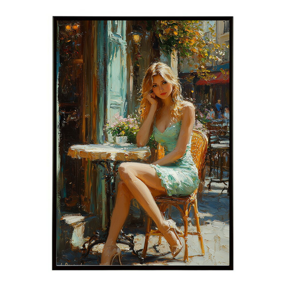 カフェに沈む午後 美女 絵画 画 油絵 ハンドメイド タッチ 手書き イラスト 街角 風景 カフェ ポスター 用紙とサイズが選べる インテリア おしゃれ プリントポスター フォト イラスト お洒落 特大 大きい【lm-poster-2878】