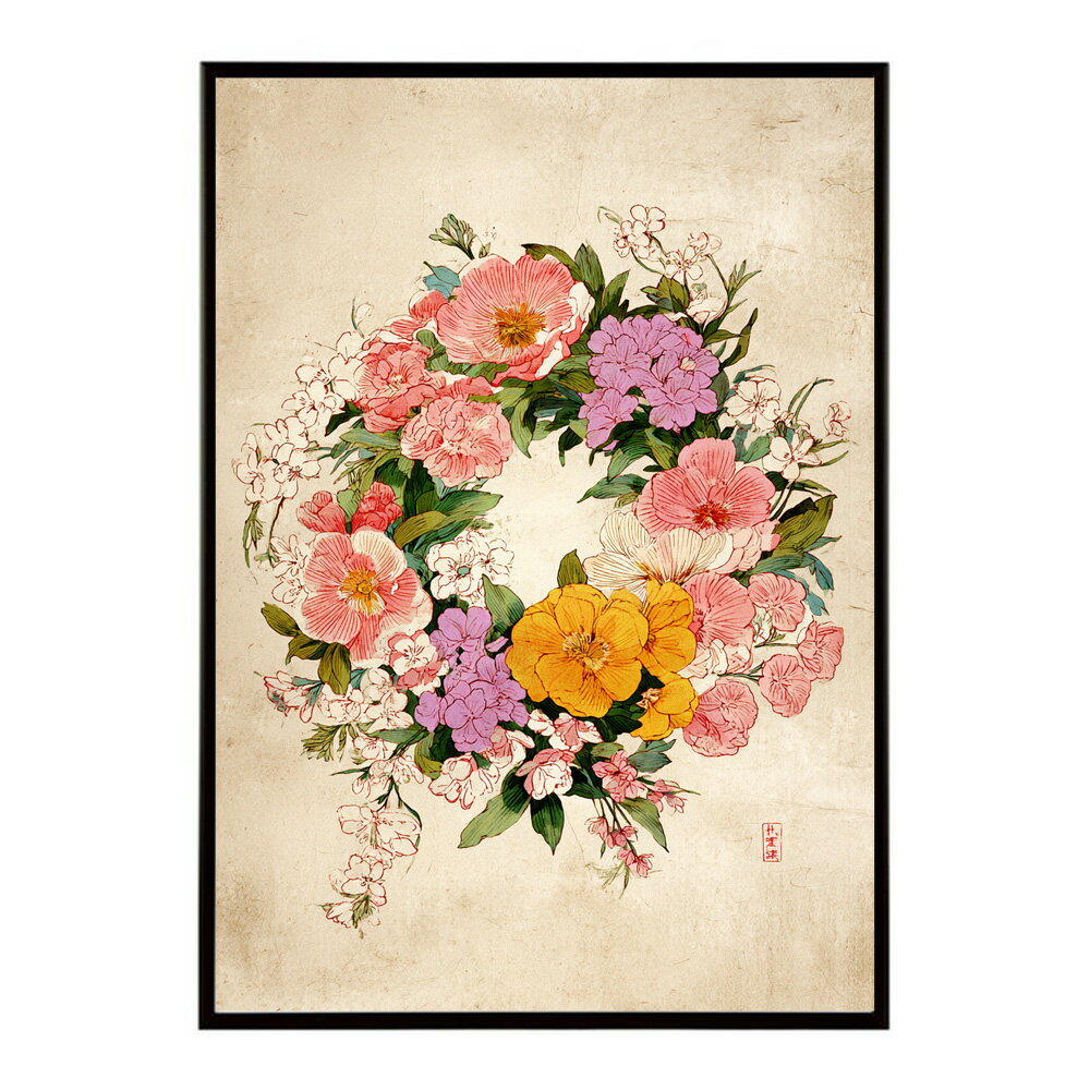 レトロフラワー 花 浮世絵 古典 花札 植物 ボタニカル リース ブーケ ポスター 用紙とサイズが選べる インテリア おしゃれ プリントポスター 【km-poster-49】