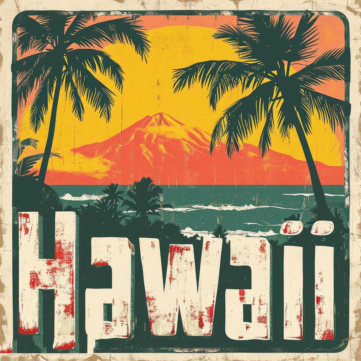 ハワイ ポスター 海 レトロ調 正方形ポスター リゾート 四角 サーフ ビーチ ヤシの木 アロハ ハイビスカス 海 デザイン ポスター スクエア 5センチ刻みでサイズ豊富 インテリア デザイン プリント 絵画 オフィス【sq-poster-1274】