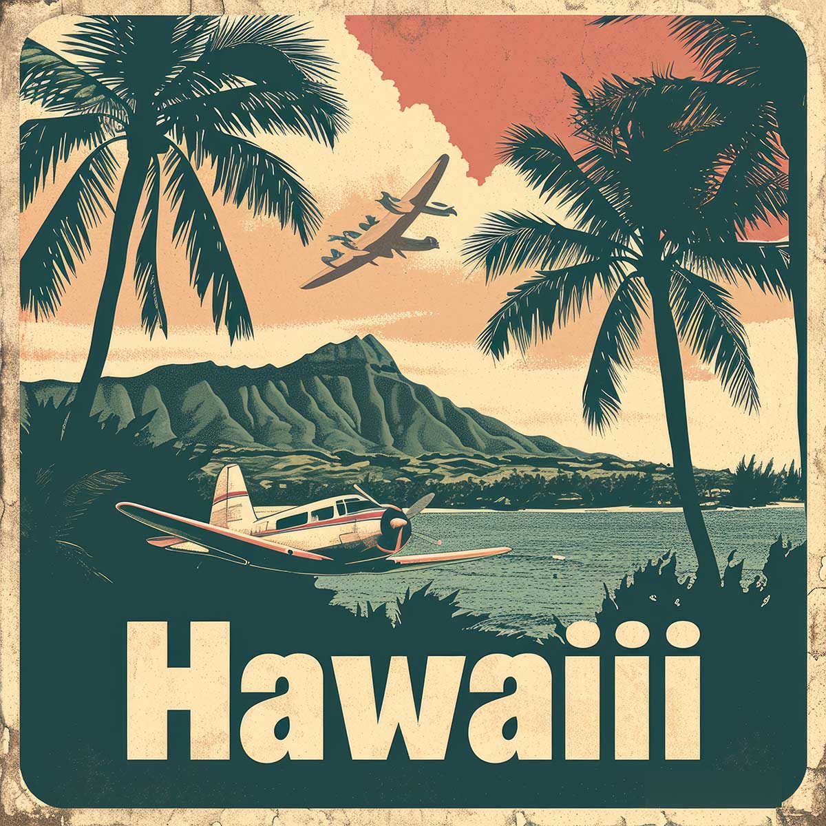 ハワイ ポスター 海 レトロ調 正方形ポスター リゾート 四角 サーフ ビーチ ヤシの木 アロハ ハイビスカス 海 デザイン ポスター スクエア 5センチ刻みでサイズ豊富 インテリア デザイン プリント 絵画 オフィス【sq-poster-1275】