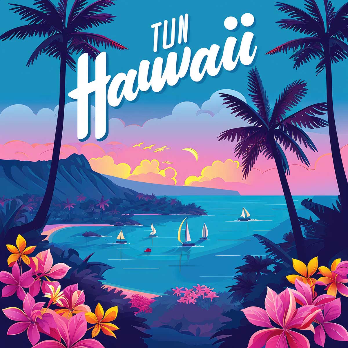 ハワイ ポスター 海 レトロ調 正方形ポスター リゾート 四角 サーフ ビーチ ヤシの木 アロハ ハイビスカス 海 デザイン ポスター スクエア 5センチ刻みでサイズ豊富 インテリア デザイン プリント 絵画 オフィス【sq-poster-1283】