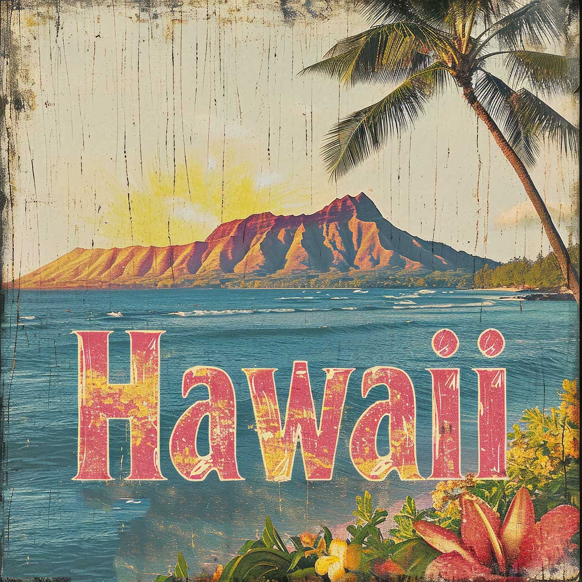 ハワイ ポスター 海 レトロ調 正方形ポスター リゾート 四角 サーフ ビーチ ヤシの木 アロハ ハイビスカス 海 デザイン ポスター スクエア 5センチ刻みでサイズ豊富 インテリア デザイン プリント 絵画 オフィス【sq-poster-1285】