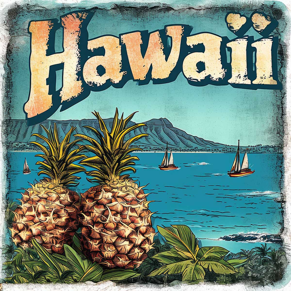 ハワイ ポスター 海 レトロ調 正方形ポスター リゾート 四角 サーフ ビーチ ヤシの木 アロハ ハイビスカス 海 デザイン ポスター スクエア 5センチ刻みでサイズ豊富 インテリア デザイン プリント 絵画 オフィス【sq-poster-1293】