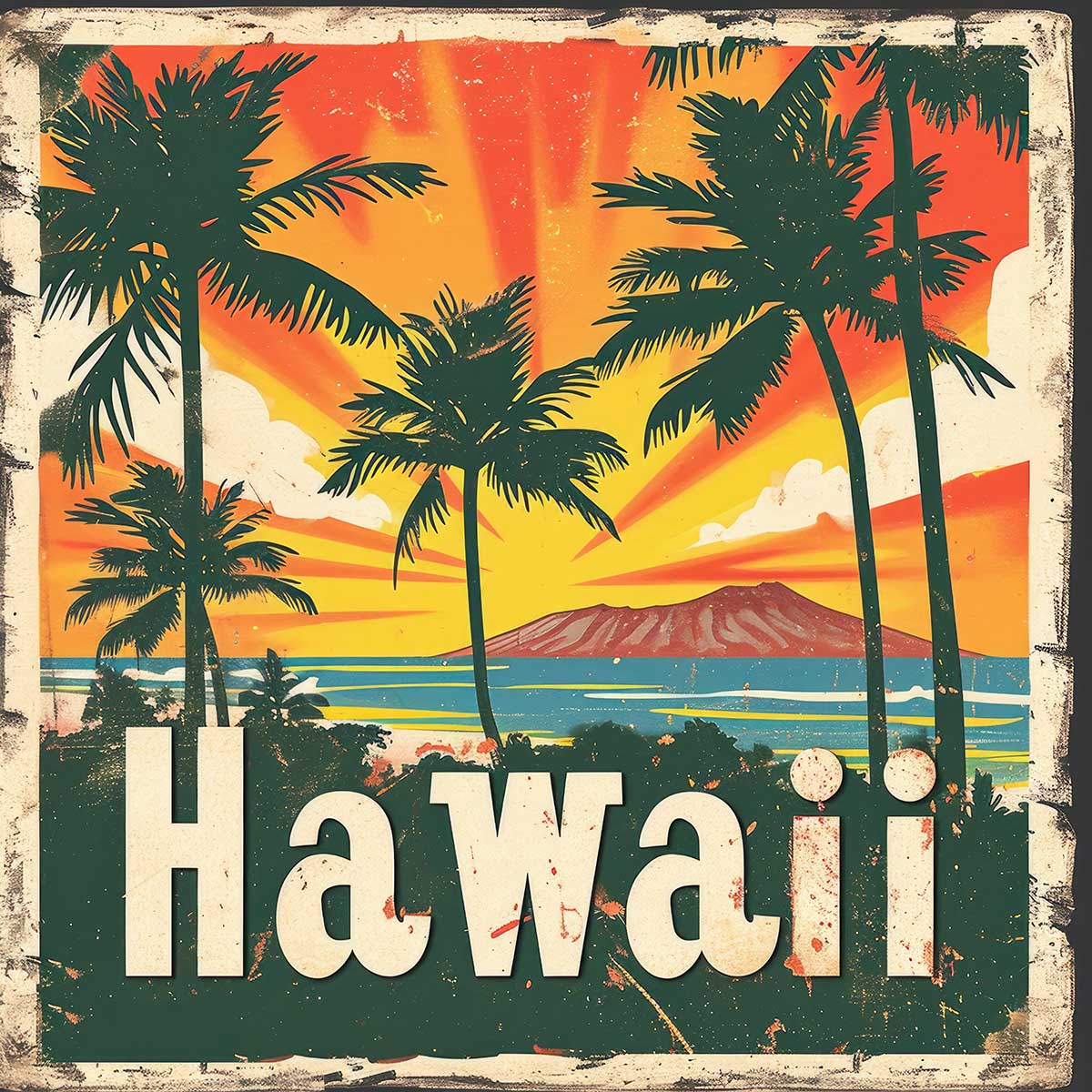 ハワイ ポスター 海 レトロ調 正方形ポスター リゾート 四角 サーフ ビーチ ヤシの木 アロハ ハイビスカス 海 デザイン ポスター スクエア 5センチ刻みでサイズ豊富 インテリア デザイン プリント 絵画 オフィス【sq-poster-1301】