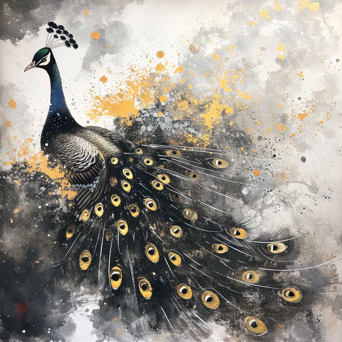 Rakuten - 縁起物 孔雀 クジャク 正方形ポスター 豪華 絵画風 掛け軸風 浮世絵 金運 開運 グッズ 魔除け 鬼門 風水 幸せ 幸福 金 ゴールド 福 四角 デザイン ポスター スクエア インテリア デザイン プリント お洒落 かっこいい【sq-poster-1426】