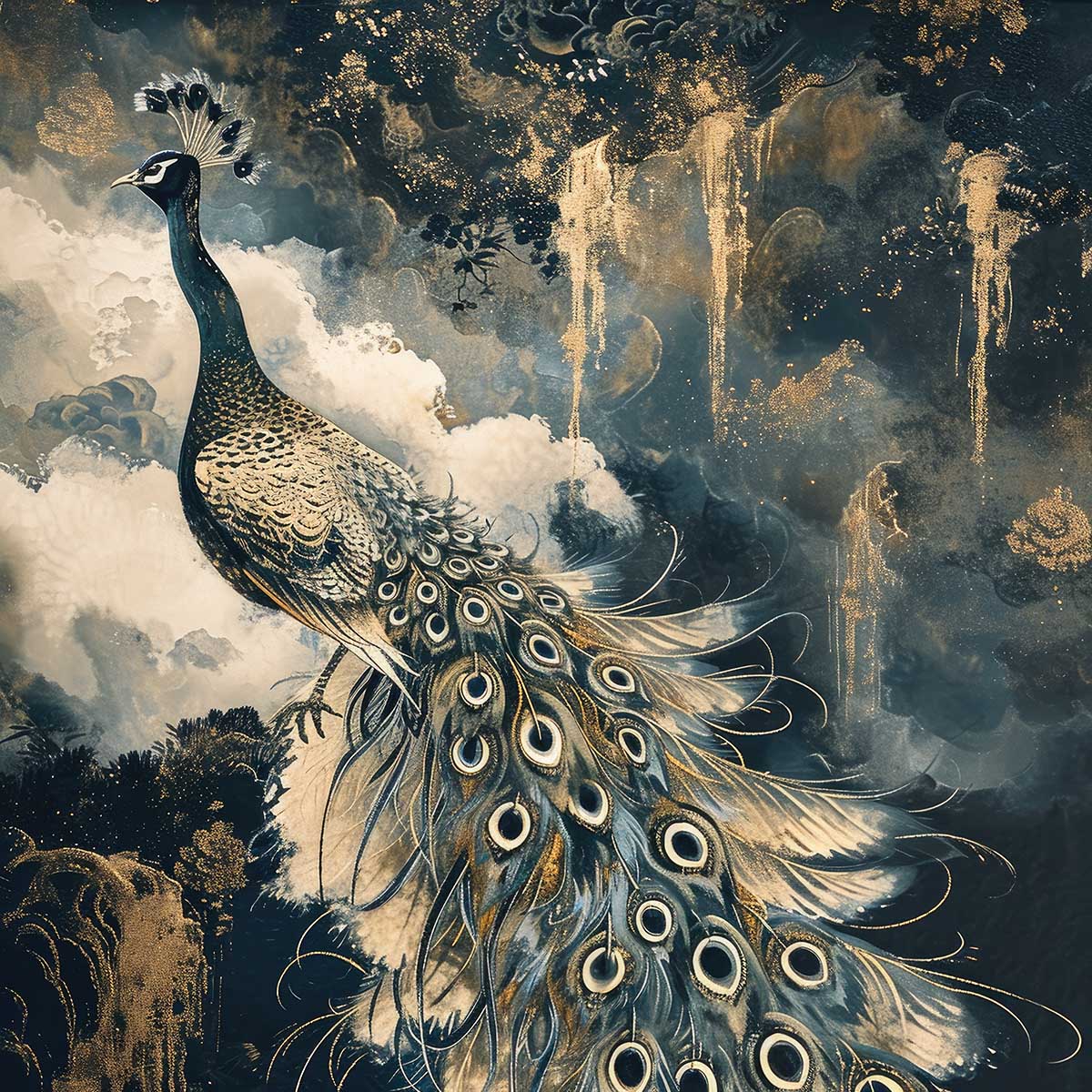 Rakuten - 縁起物 孔雀 クジャク 正方形ポスター 豪華 絵画風 掛け軸風 浮世絵 金運 開運 グッズ 魔除け 鬼門 風水 幸せ 幸福 金 ゴールド 福 四角 デザイン ポスター スクエア インテリア デザイン プリント お洒落 かっこいい【sq-poster-1494】