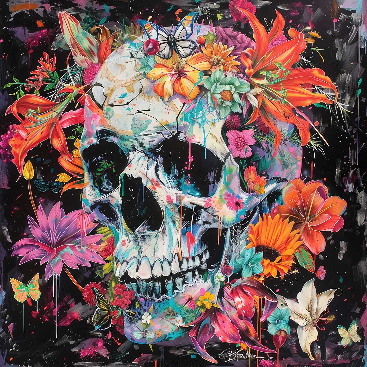 スカル ドクロ 骸骨 がいこつ 頭蓋骨 アバンギャルド アート 前衛的 ド派手 正方形ポスター 四角 イノベーション 先駆的 パフォーマンスアート 画家 スクエア インテリア デザイン プリント 絵画 オフィス 【sq-poster-2256】