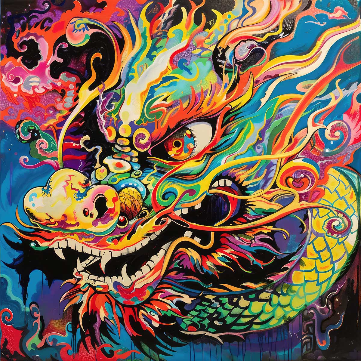 龍 ドラゴン 辰 アバンギャルド アート 前衛的 ド派手 正方形ポスター 四角 イノベーション 先駆的 パフォーマンスアート 画家 スクエア インテリア デザイン プリント 絵画 オフィス 【sq-poster-2287】