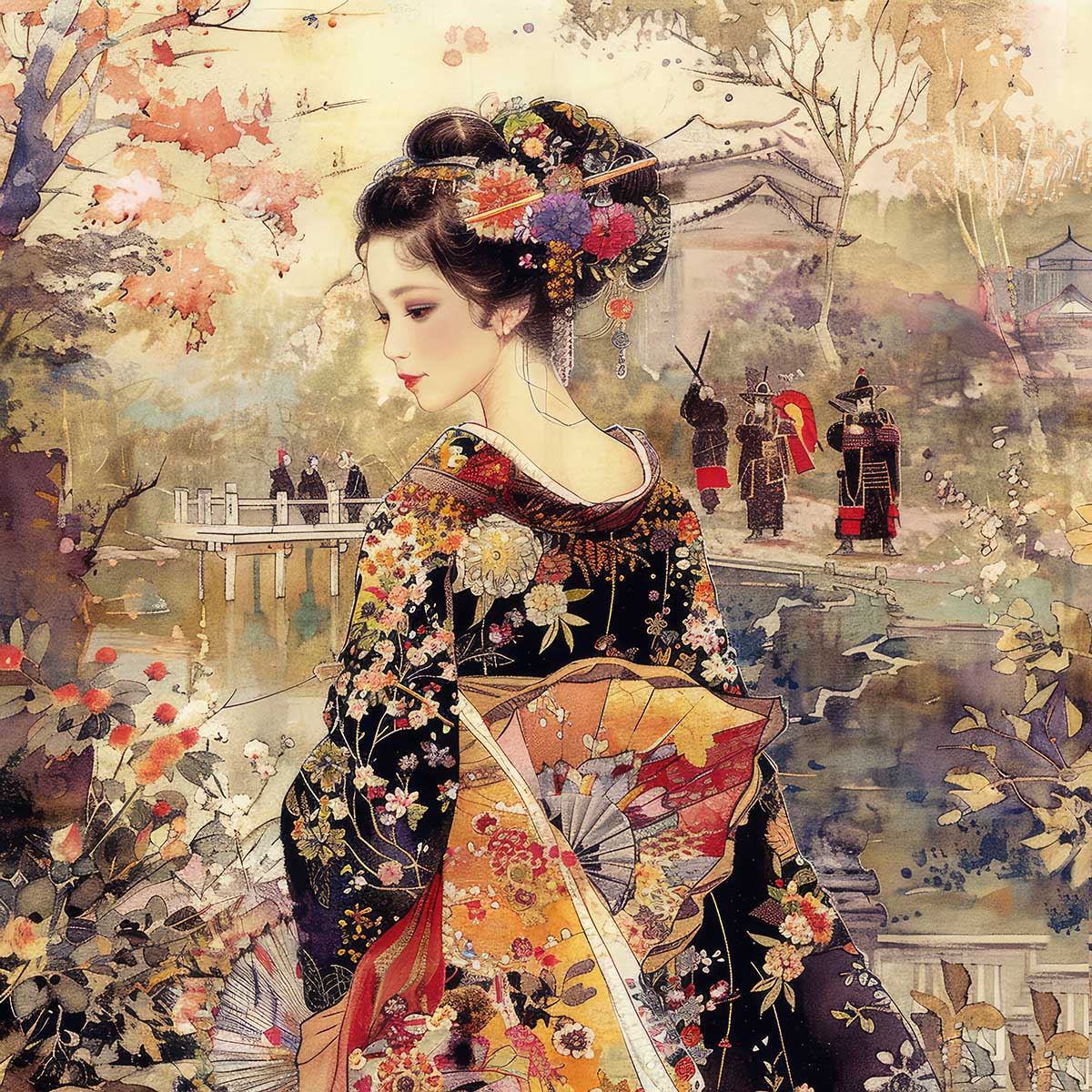 Rakuten - 令和の浮世絵 和風 絵画 正方形ポスター 四角 版画 江戸 掛け軸 舞子 着物 女性 デザイン ポスター スクエア インテリア オフィス 住宅 店舗 お洒落 かっこいい【sq-poster-2785】