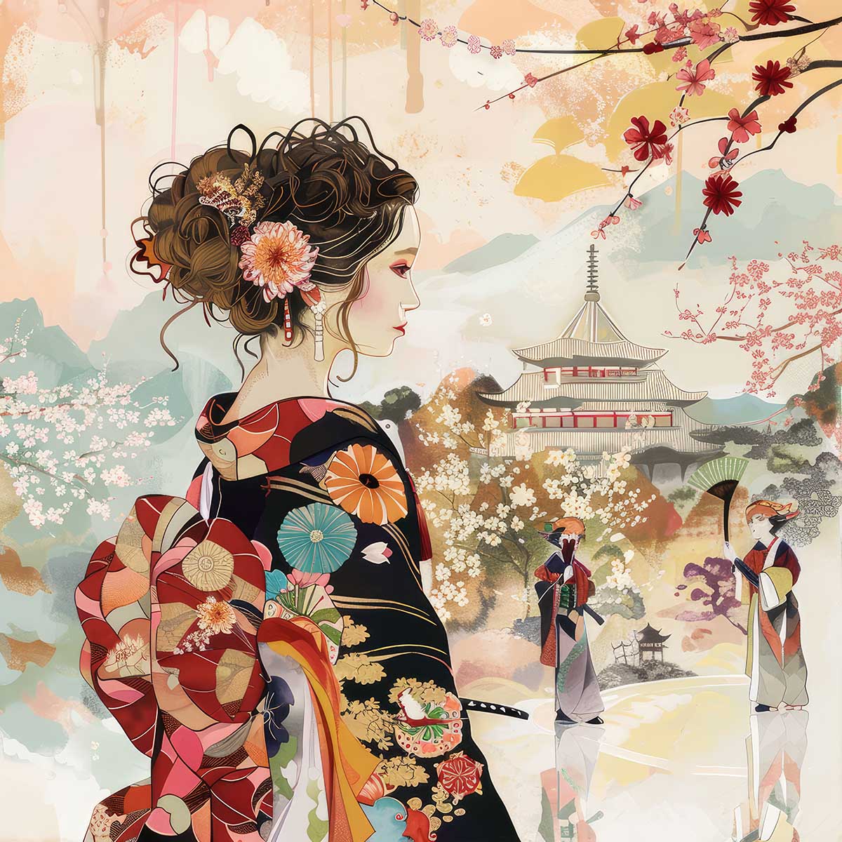 令和の浮世絵 和風 絵画 正方形ポスター 四角 版画 江戸 掛け軸 舞子 着物 女性 デザイン ポスター スクエア インテリア オフィス 住宅 店舗 お洒落 かっこいい【sq-poster-2811】