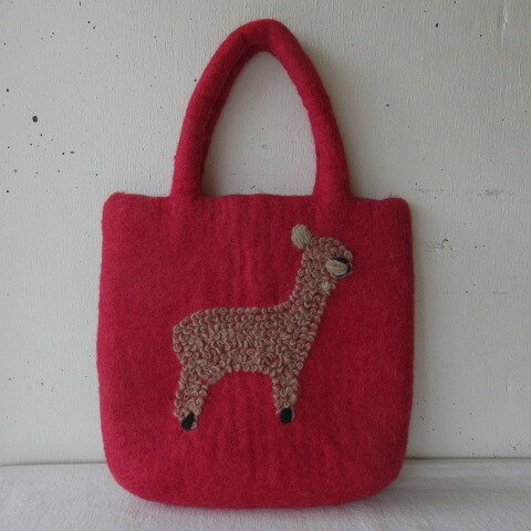 フェルトバッグ アルパカ刺繍 フェルトバッグ 色：レッド羊毛 / フェルトバッグ / 手作り 手づくり / ウール / ハンド バッグ / シンプル / デザイン
