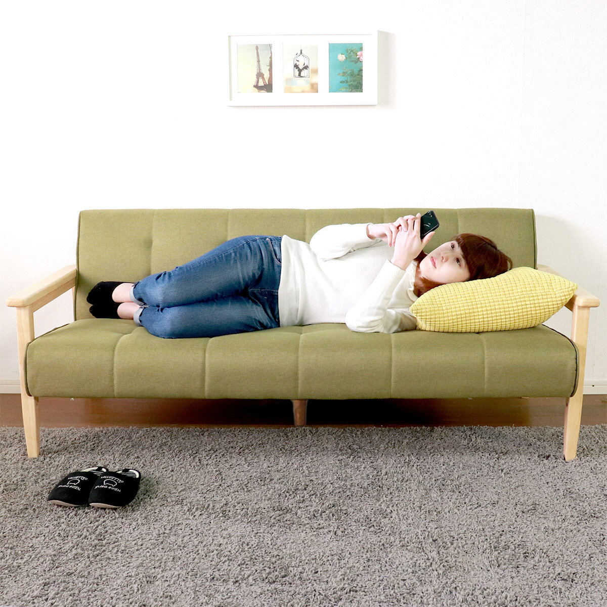 Rakuten - ★飽きのこない3人掛けソファ グリーン★　ソファ 幅170cm 3人掛け 単品 ファブリック 天然木 木製 ラバー材 送料無料