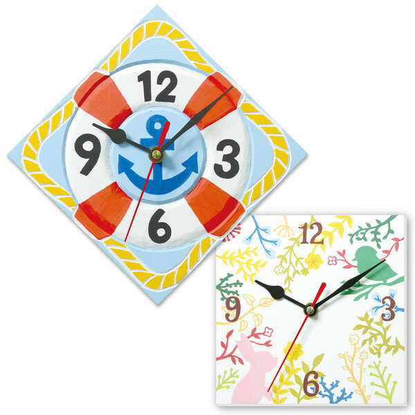 おしゃれなオリジナル時計を作ろう！ 商品サイズ:完成サイズ：150×150×40mm（時計含む） 包装形態:ヘッダー付PP袋入 包装サイズ:340×235×80 重量:175g セット部品:白彫板（穴あき加工済）、クォーツ時計B（電池付）、...