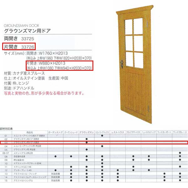 ジャービス商事 グラウンズマン用ドア 片開き WOOD HOUSE PARTS 木製物置・ハウス専用部材 カナダ産スプルース 33726 1枚