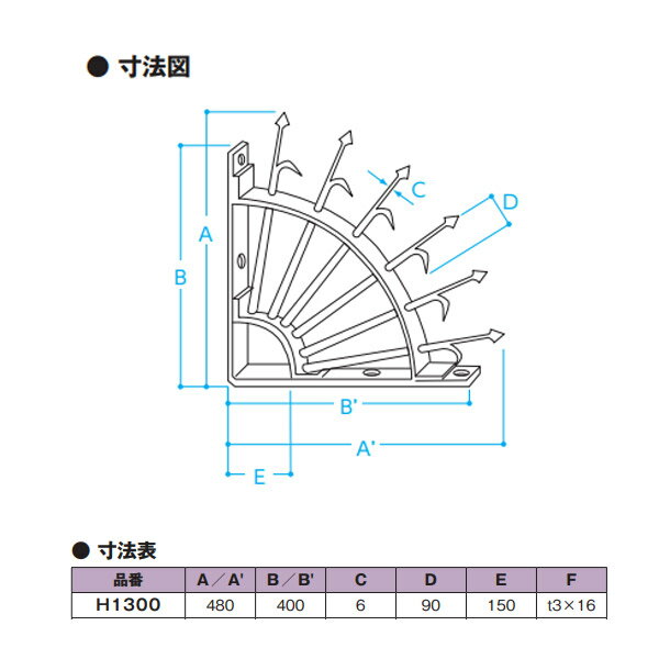 エイト 扇型忍び返し（隅用） 鉄製 黒 480×400mm H1300 2