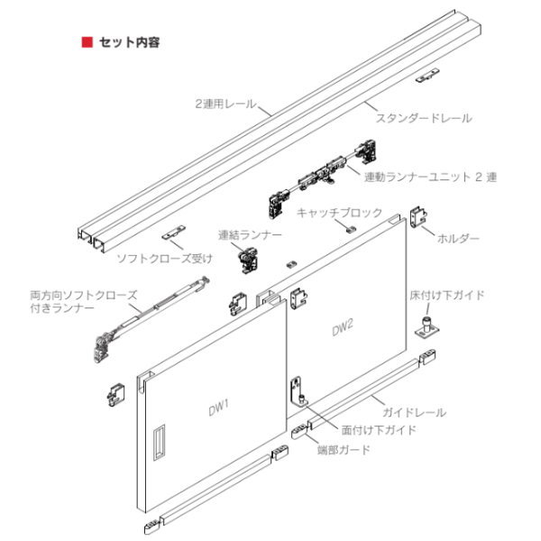フルセット＆簡単施工 　必要部品を1 品番にまとめ、ワンパッケージでお届け 　戸幅に自動追従する連動ユニットで、短納期と省施工を両立 スムーズで静かな開閉を実現 　シンクロ連動+ 両方向ソフトクローズが標準仕様 　連動引戸の設置箇所がグレードアップ 開口を広くとれる 　有効開口を最大化できるよう、重なり代の最小は40mm 　連動機構が上レール内に納まり、天井高の間仕切り建具にも対応 上レール L=3,200mm●お支払い方法で代引きはできません。 ●お時間指定はできません。サイズも大きく重量もありますので一般の宅配便ではないので夜間配送や日曜日、祝日配送はできません。 ●返品、交換はできません。 ●沖縄県、離島、北海道への配送は送料別途お見積もりになります。 ●写真はイメージです。 関連商品 ●SKB ルームクローザー U-Slide 2連シンクロ L=2,000 USC-Dxx-20 ●SKB ルームクローザー U-Slide 2連シンクロ L=3,200 USC-Dxx-32 ●SKB ルームクローザー U-Slide 3連シンクロ L=2,000 USC-Txx-20 ●SKB ルームクローザー U-Slide 3連シンクロ L=3,200 USC-Txx-32 ●SKB ルームクローザー U-Slide用オプション 関止め RP-C ●SKB ルームクローザー U-Slide用オプション レール内ブロック RP-D ●SKB ルームクローザー U-Slide用オプション レール木口カバー スタンダード用 RP-ES ●SKB ルームクローザー U-Slide用オプション レール木口カバー 2連用(L/Rセット) RP-ED ●SKB ルームクローザー U-Slide用オプション レール木口カバー 3連用 RP-ET