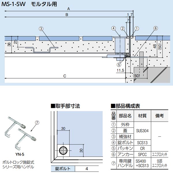 中部コーポレーション 防水防臭型 モルタル用 フロアーハッチ MS-1-SW-350 ハンドル付