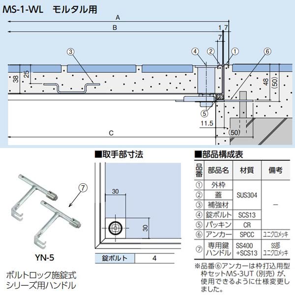 中部コーポレーション 防水防臭型 モルタル用 フロアーハッチ MS-1-WL-600 ハンド...