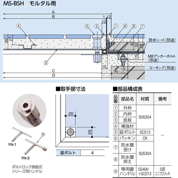 中部コーポレーション 防水防臭型 モルタル用 フロアーハッチ MS-BSH-650 ハンドル無し 2