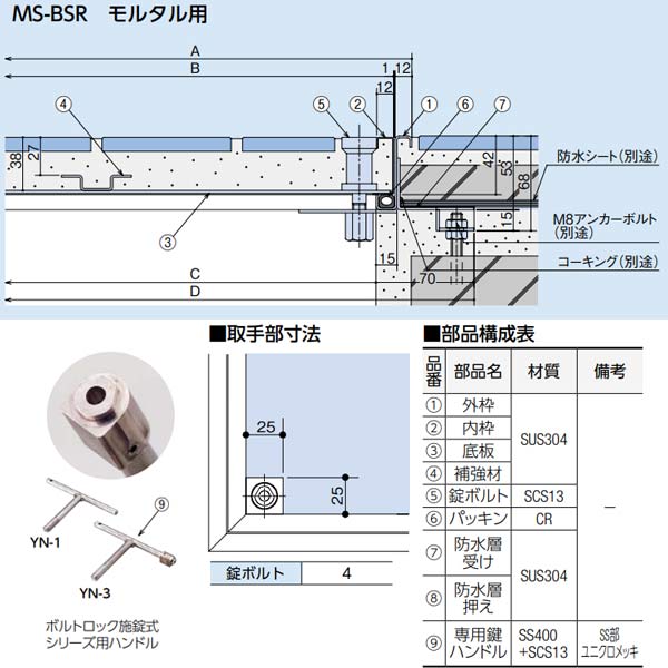 中部コーポレーション 防水防臭型 モルタル用 フロアーハッチ MS-BSR-350 ハンドル付 2