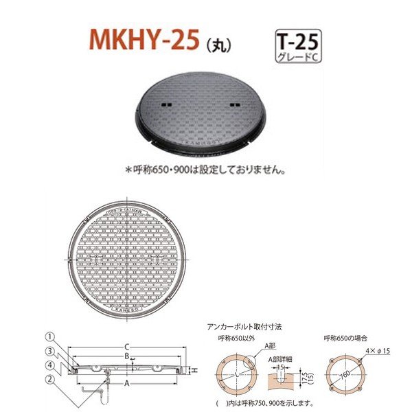カネソウ マンホール・ハンドホール鉄蓋 簡易密閉形 （簡易防水・防臭形） 丸枠 MKHY-25（丸） 500 b 鎖付 T-25 グレードC