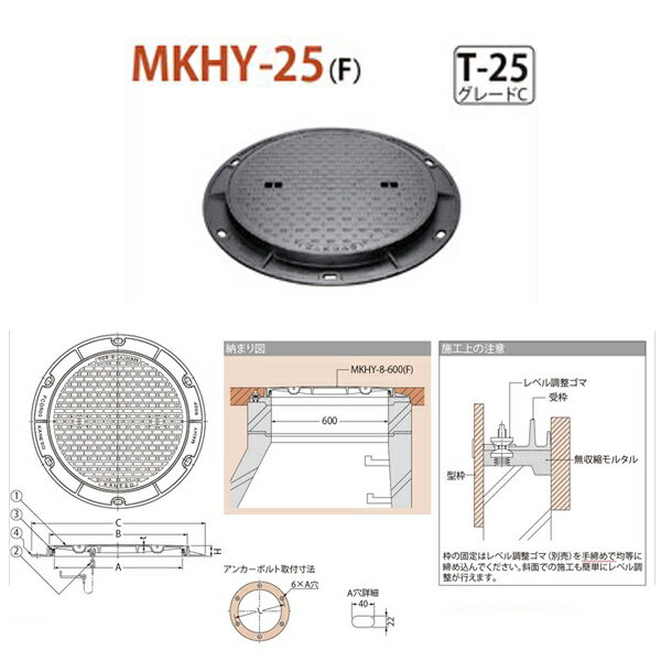 カネソウ マンホール・ハンドホール鉄蓋 組立人孔取付用 簡易密閉形（簡易防水形・防臭形） 丸枠 MKHY-25（F） 600 a 鎖なし T-25 グレードC