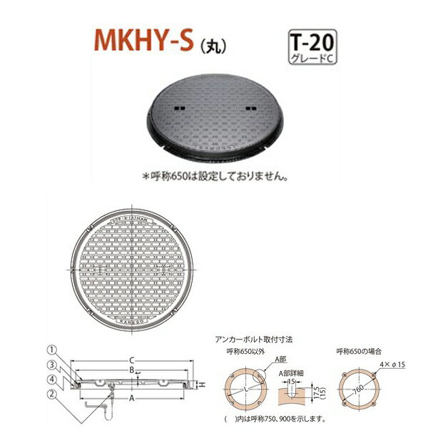 カネソウ マンホール・ハンドホール鉄蓋 簡易密閉形 （簡易防水・防臭形） 丸枠 MKHY-S（丸） 400 a 鎖なし T-20 グレードC