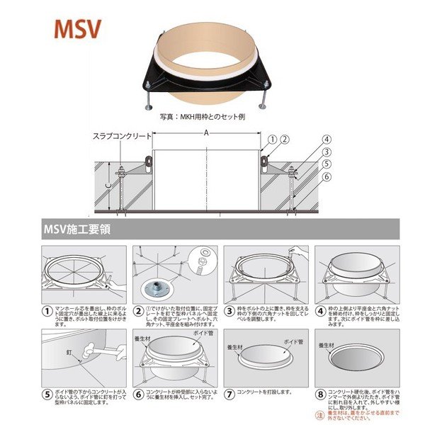 MSV-1 設定機種：MKSY、MKS、MKXY、MKH、MKHY、MKLY、MY、MWB、MWE、MKCY、MRCR、MRHPR、MROPR、MKSR 打込型マンホール鉄蓋「サポートV」は全16タイプを設定、鉄蓋と打込金具MSVで構成されます。 鉄蓋をスラブコンクリートと同時に打設でき、施工が素早く簡単に行えます。 　　　　　 枠のレベル調整が容易に行える構造です。 枠受部へのコンクリートの流入を防ぐ養生材が付属します。 養生材は柔軟な素材で装着が簡単に行えます。 打込金具は上記マンホール鉄蓋とのセット販売となります。 ご注文の際は「打込型」と鉄蓋および打込金具の製品符号、C寸法（スラブ厚さ）をご指示ください。 寸法：A398mm C120mm 150mm 180mm 200mm 250mm 部品構成 　スリーブ（1）材質：ボイド管 　養生材（2）材質：ポリエチレン 　六角ナット（3）材質：SS400 処理：電気亜鉛めっき 　平座金（4）材質：SS400 処理：電気亜鉛めっき 　ボルト（5）材質：SS400 処理：電気亜鉛めっき（M12） 　固定プレート（6）材質：SS400 処理：電気亜鉛めっき●お支払い方法で代引きはできません。 ●お時間指定はできません。 ●日・祝日・お盆や年末年始期間の配送はできません。 ●沖縄県、北海道、離島は別途お見積りとなります。 ●僻地やトラックの入れない道の狭い箇所など配送できないことがあります。 ●画像はイメージです。キャンセル、ご返品はできませんがあらかじめご了承ください。 関連商品 ●カネソウ 打込型マンホール鉄蓋用金具 MSV-1 300 C寸法201〜250 ●カネソウ 打込型マンホール鉄蓋用金具 MSV-1 350 C寸法201〜250 ●カネソウ 打込型マンホール鉄蓋用金具 MSV-1 400 C寸法201〜250 ●カネソウ 打込型マンホール鉄蓋用金具 MSV-1 450 C寸法201〜250 ●カネソウ 打込型マンホール鉄蓋用金具 MSV-1 500 C寸法201〜250 ●カネソウ 打込型マンホール鉄蓋用金具 MSV-1 600 C寸法201〜250 ●カネソウ 打込型マンホール鉄蓋用金具 MSV-1 650 C寸法201〜250 ●カネソウ 打込型マンホール鉄蓋用金具 MSV-1 750 C寸法201〜250 ●カネソウ 打込型マンホール鉄蓋用金具 MSV-1 900 C寸法201〜250 ●カネソウ 打込型マンホール鉄蓋用金具 MSV-2 300 C寸法201〜250 ●カネソウ 打込型マンホール鉄蓋用金具 MSV-2 350 C寸法201〜250 ●カネソウ 打込型マンホール鉄蓋用金具 MSV-2 450 C寸法201〜250 ●カネソウ 打込型マンホール鉄蓋用金具 MSV-2 500 C寸法201〜250 ●カネソウ 打込型マンホール鉄蓋用金具 MSV-2 600 C寸法201〜250 ●カネソウ 打込型マンホール鉄蓋用金具 MSV-2 750 C寸法201〜250 ●カネソウ 打込型マンホール鉄蓋用金具 MSV-2 900 C寸法201〜250 ●カネソウ 打込型マンホール鉄蓋用金具 MSV-3 450 C寸法201〜250 ●カネソウ 打込型マンホール鉄蓋用金具 MSV-3 600 C寸法201〜250 ●カネソウ 打込型マンホール鉄蓋用金具 MSV-5 600 C寸法201〜250 ●カネソウ 打込型マンホール鉄蓋用金具 MSV-6 600 C寸法201〜250