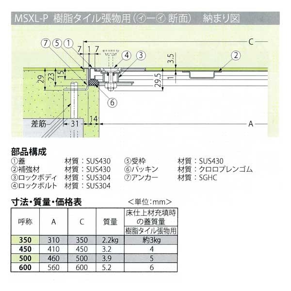 カネソウ フロアーハッチ MSXL-P350 密閉形（防水・防臭形） 樹脂タイル張物用 ハ...