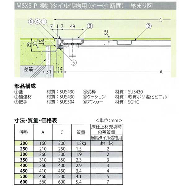 カネソウ フロアーハッチ MSXS-P450 把手ロック式 一般形 樹脂タイル張物用