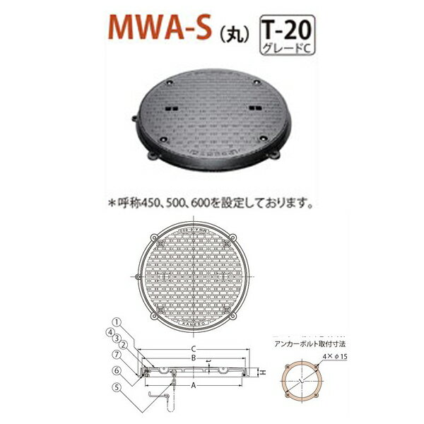 カネソウ マンホール・ハンドホール鉄蓋 密閉形（防水・防臭形） ボトルロック式 丸枠 MWA-S（丸） 500 a 鎖なし T-20 グレードC